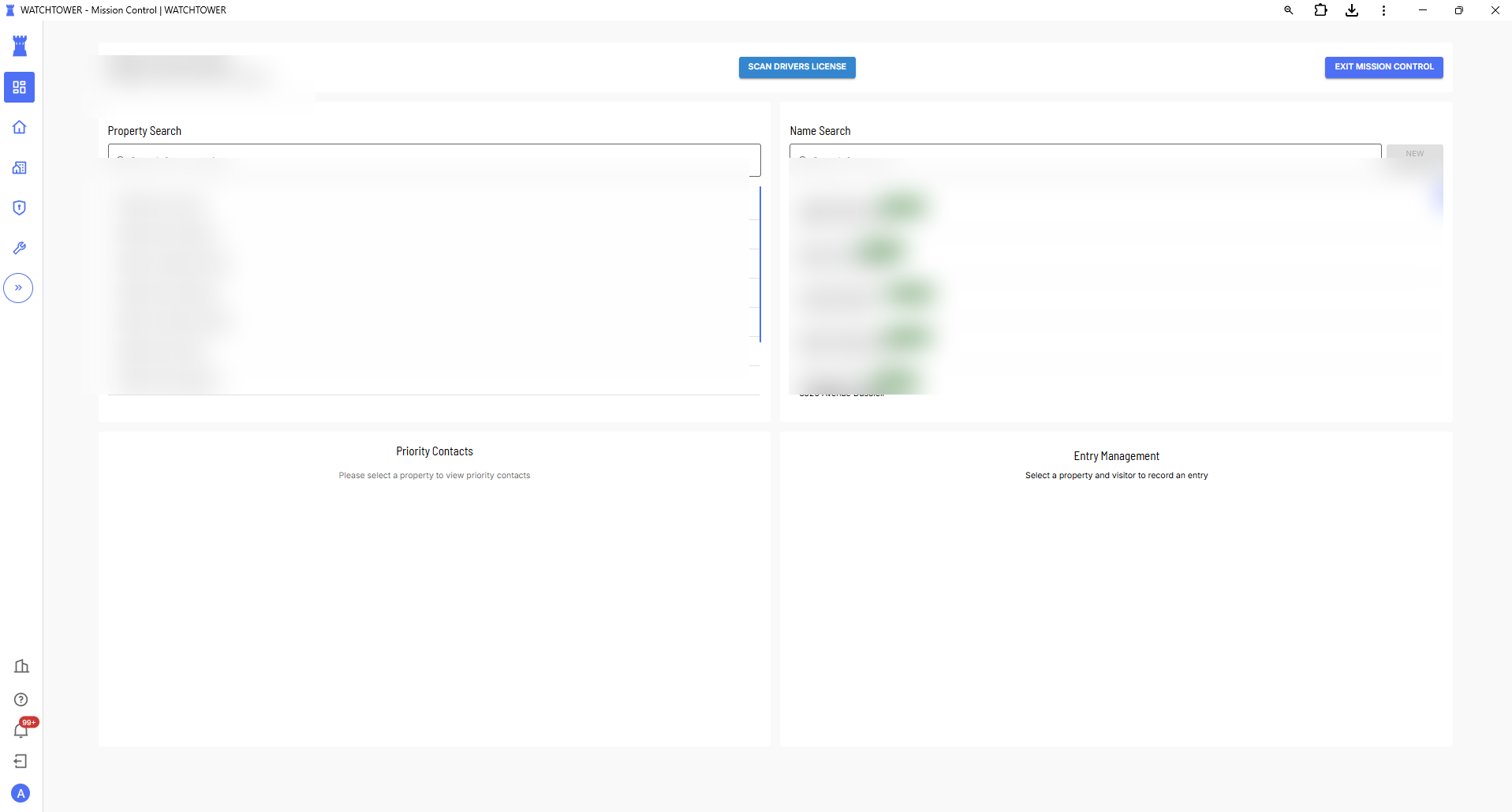 Mission Control page with blurred names and addresses